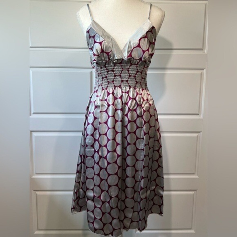 A'Gaci Sleeveless Dress Silver & Purple Polka Dot Smocked Waist Party